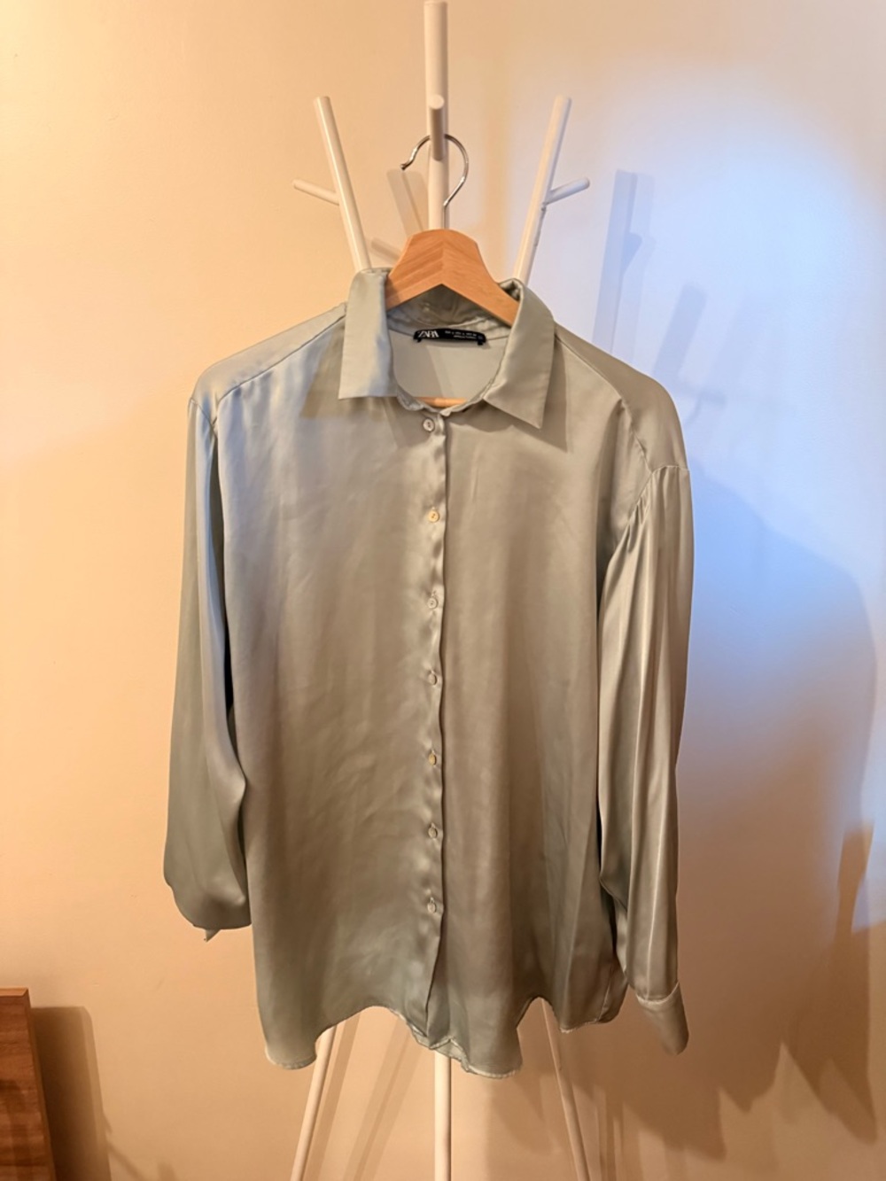 Zara Sage Green Satin Collar Shirt